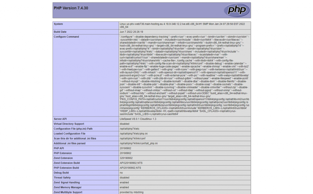 The phpinfo.php page when displayed on a broswer