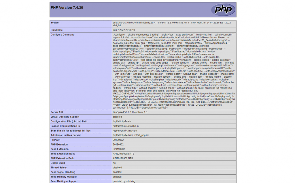 The phpinfo.php page when displayed on a broswer