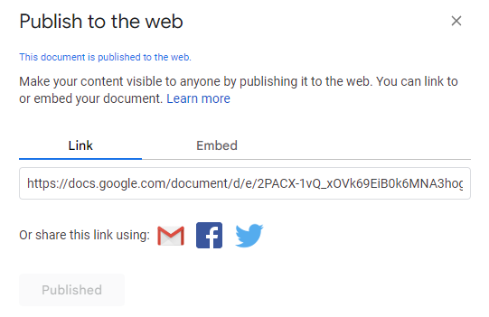 The pop up for publishing the Google Docs to the web, showing the Link tab and the URL