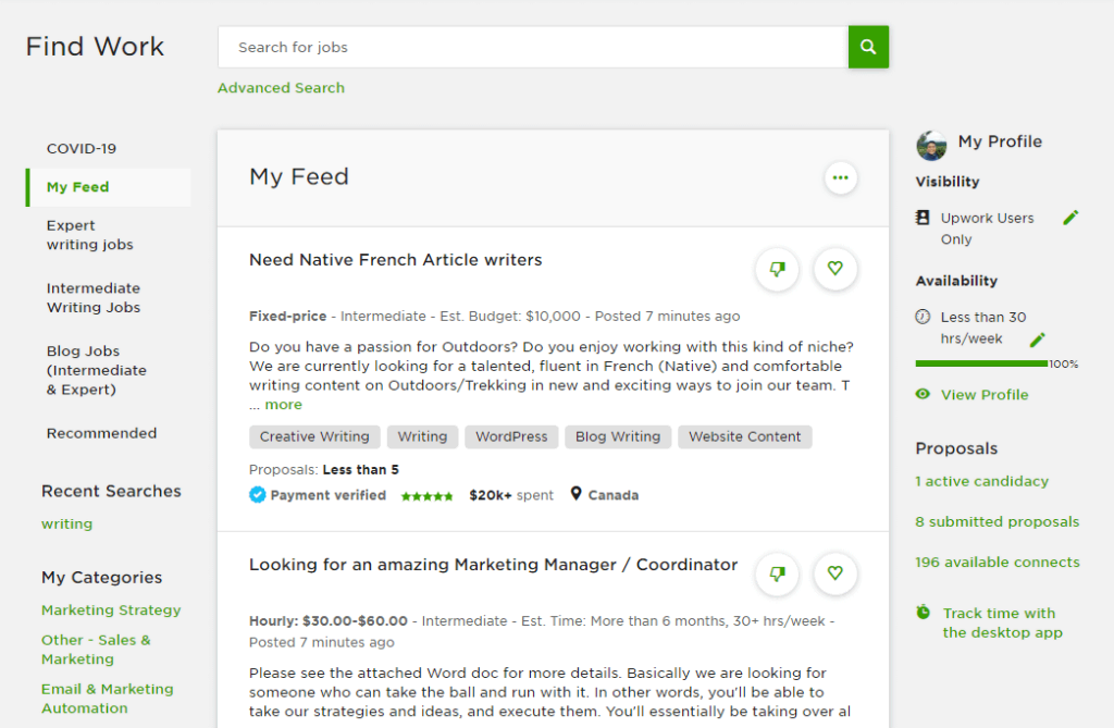 Upwork's job feed listing available opportunities