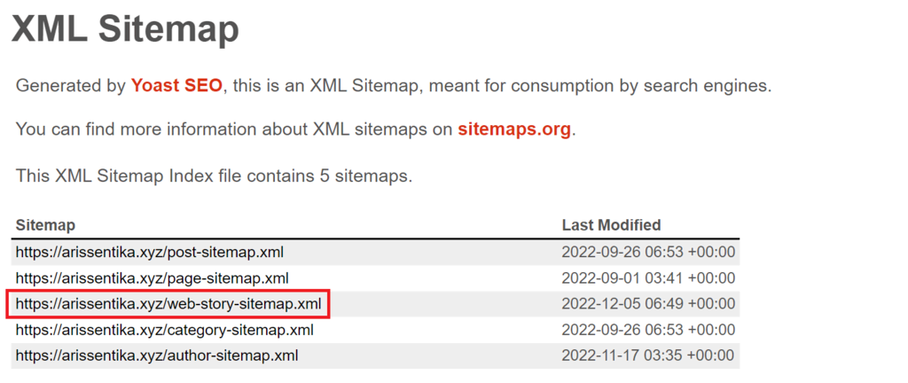 Web story in a website's XML sitemap
