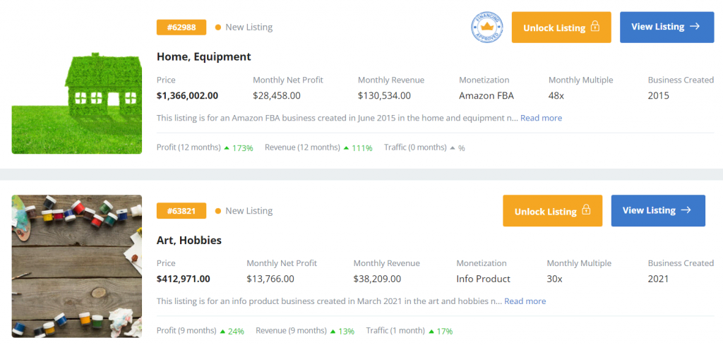 Website listings on EmpireFlippers, displaying the monthly multiple, revenue, net profit and other data