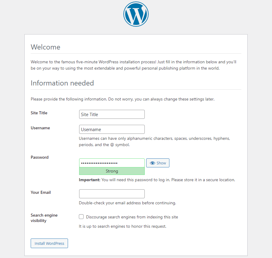 WordPress installation screen to insert the website information, including site title, username, and password
