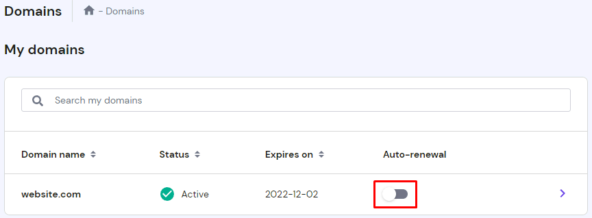 hPanel's domains page with the highlighted auto-renewal toggle button