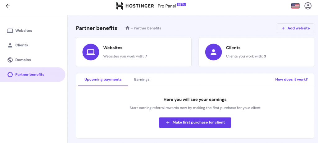 The main page of Hostinger Pro Panel