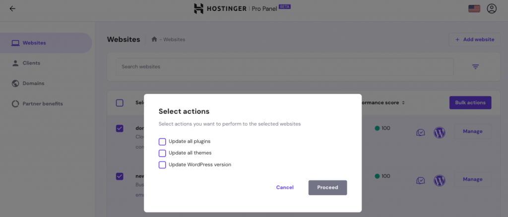 The available bulk actions on Hostinger Pro panel