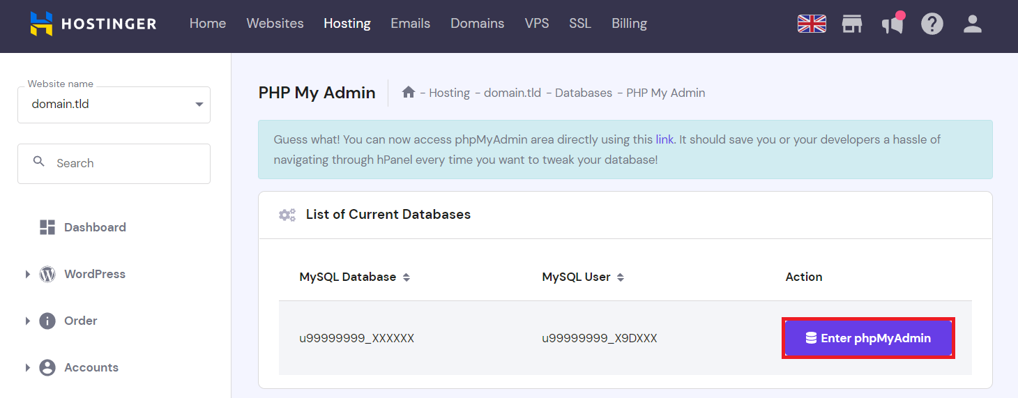 phpMyAdmin menu in the hPanel hosting settings screen