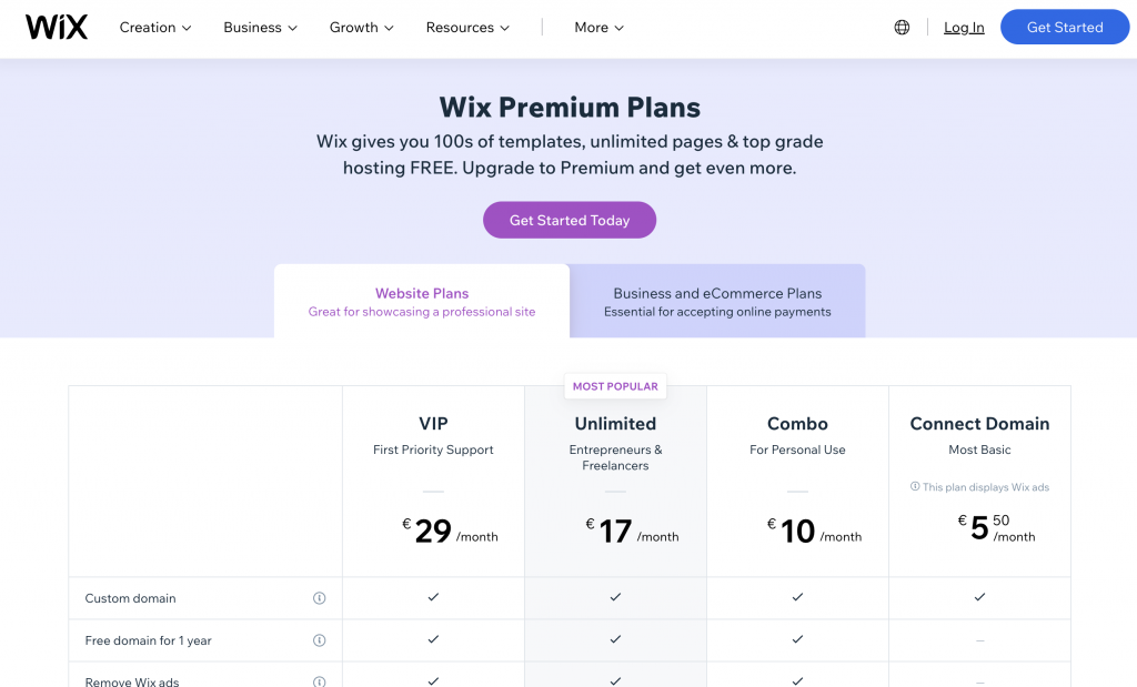 Wix pricing page