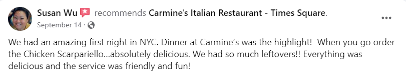 A customer's testimonial of Carmine's Italian Restaurant