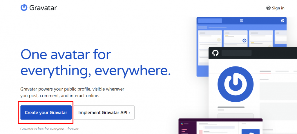Gravatar homepage, with the Create your Gravatar button highlighted
