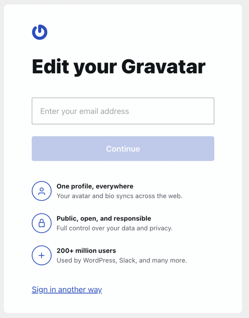 Gravatar account configuration start menu