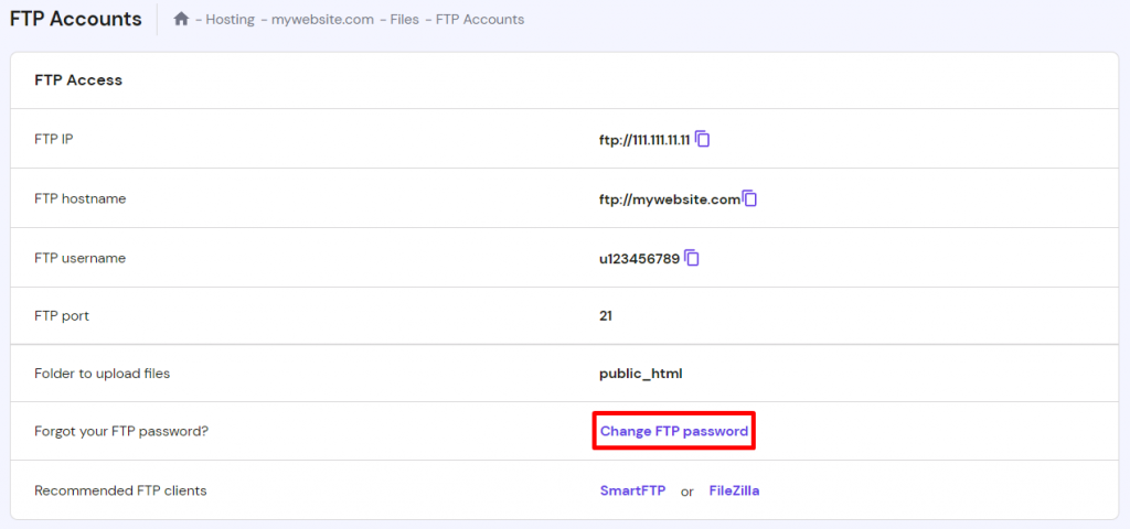 The FTP Accounts section on hPanel showing where to change your FTP password