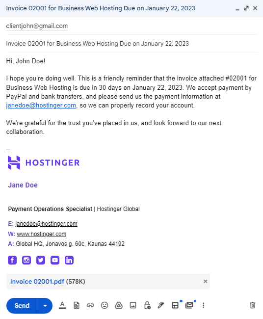 invoice email message example, showing several paragraphs of the invoice's cover letter, signature, contact details, and the invoice attachment file