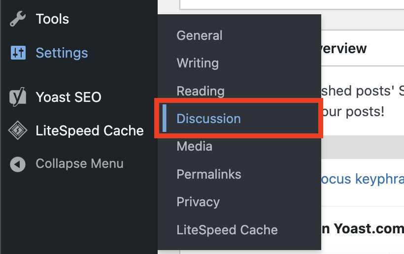 The discussion menu on WordPress admin dashboard sidebar