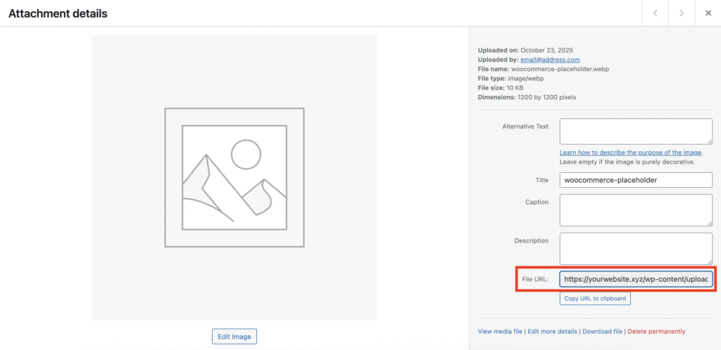 The URL of an image in the WordPress media library
