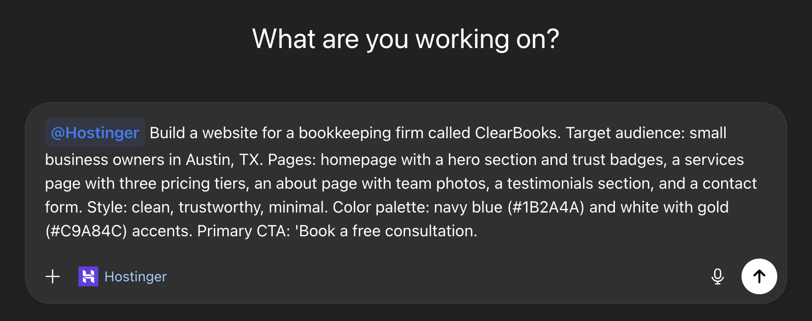 Prompt within ChatGPT tagging @Hostinger with details to build a website