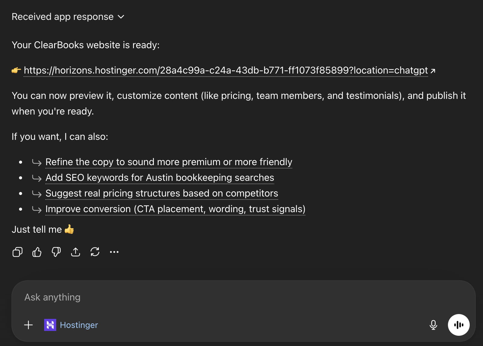 Response from ChatGPT with a link to preview website and suggestions for improvement