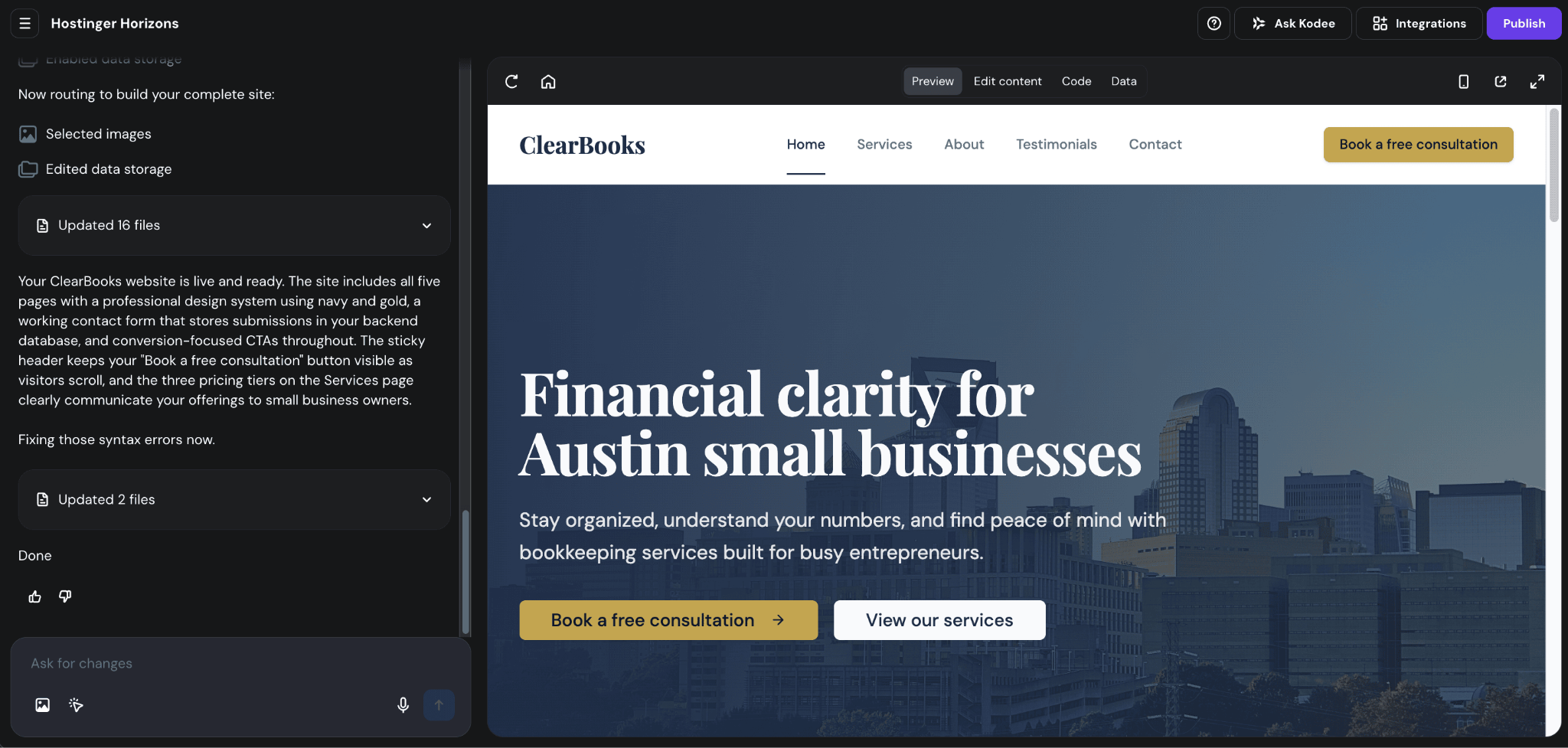 Editing dashboard within Hostinger Horizons showing chat panel on left and website preview on right