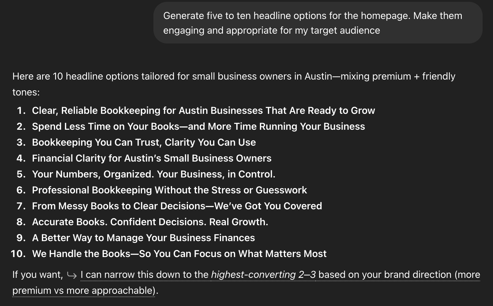 Chat results within ChatGPT showing 10 headline options