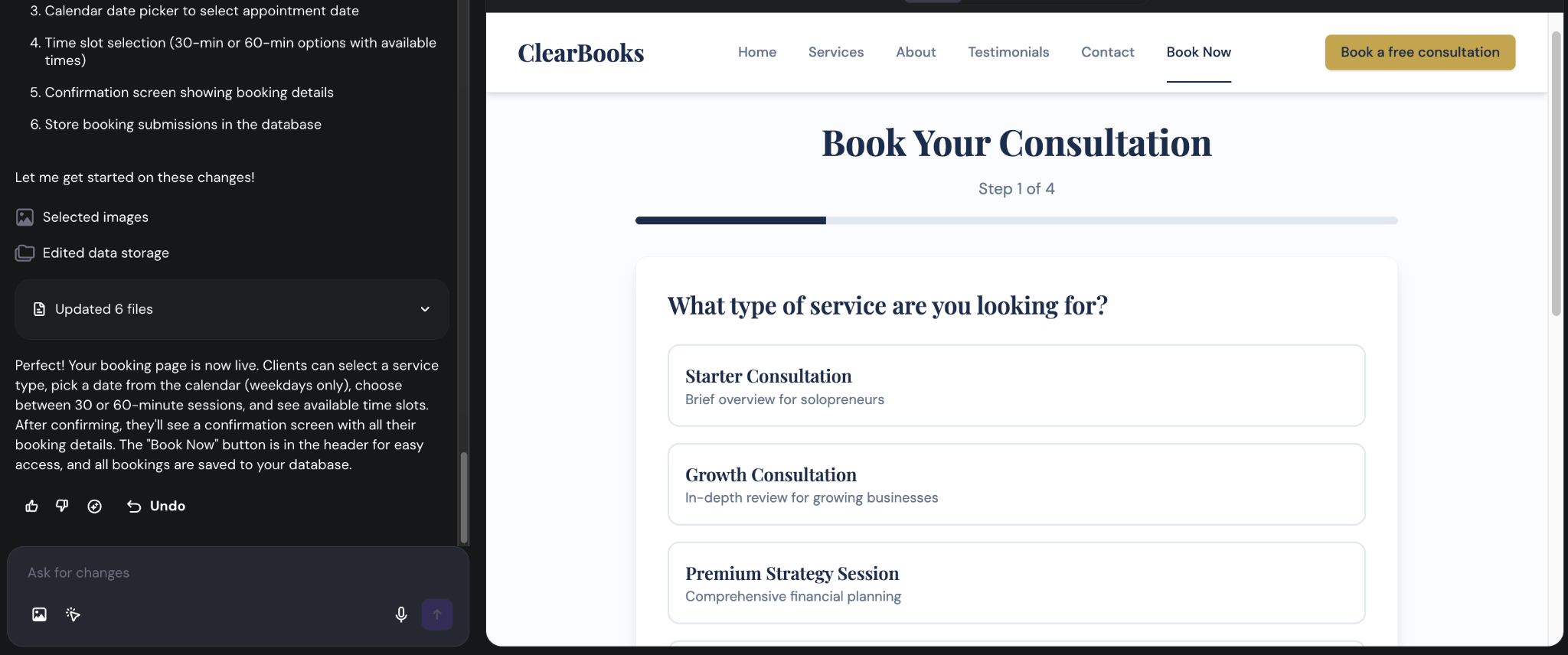 Dashboard within Hostinger Horizons showing booking form preview