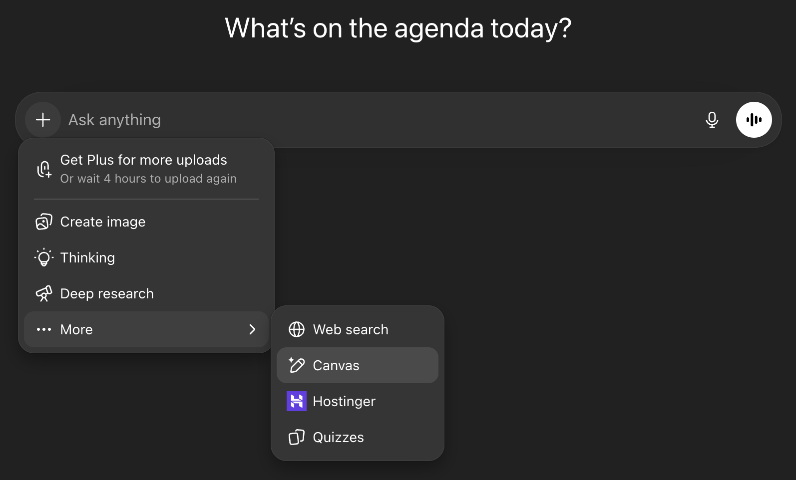 Chat dashboard within ChatGPT showing how to access Canvas