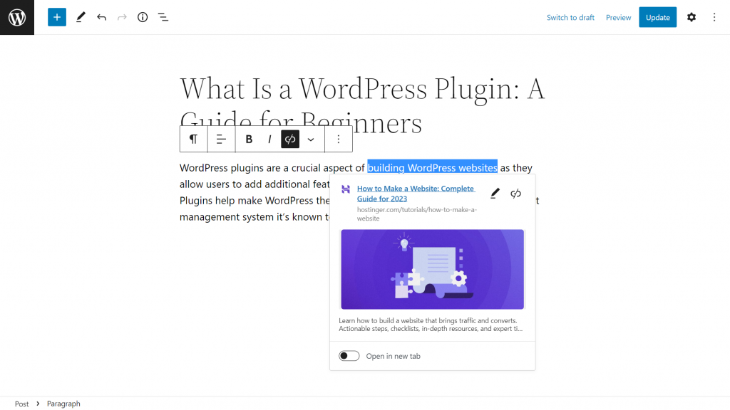 A WordPress post with the anchor text highlighted andURL added
