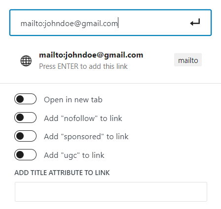 An example of a mailto address in the Gutenberg editor