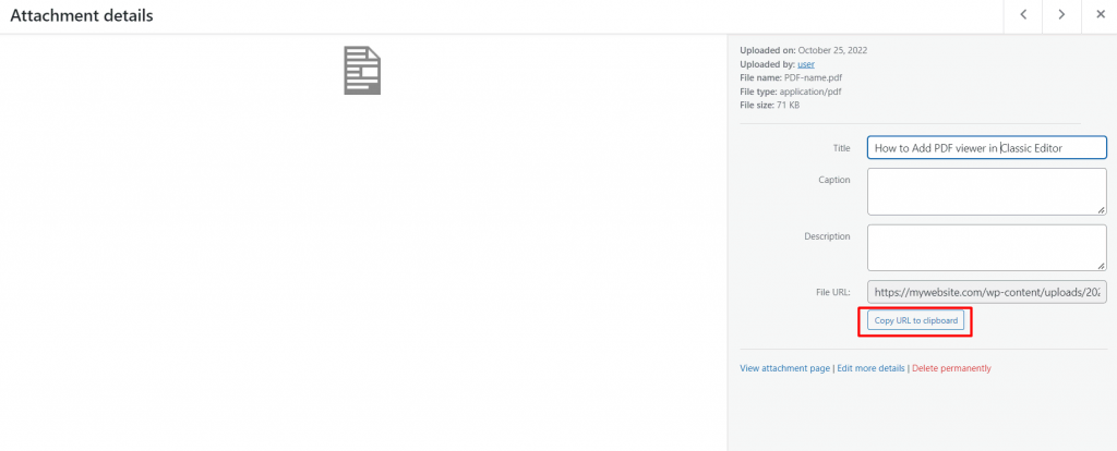 Attachment details page with Copy URL to clipboard option highlighted