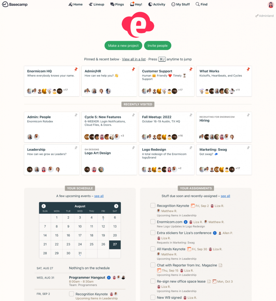 Basecamp's personal dashboard showing a company logo, pinned boards, recently visited cards, an individual schedule, and a personal task list.