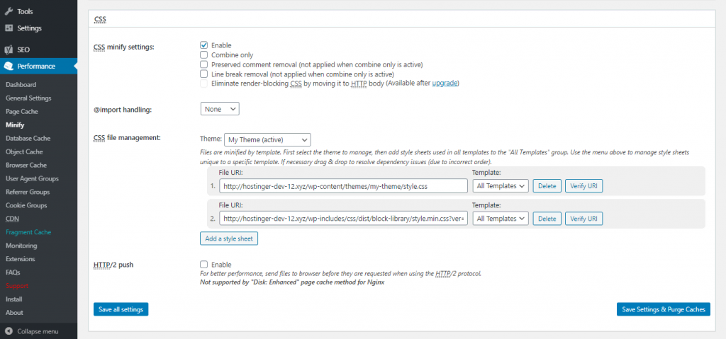 CSS minify setting w3 total cache