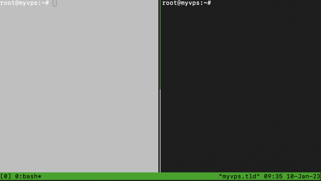 Command-prompt window displaying tmux configuration functionality. Multiple panes are active, one of which has a white background color