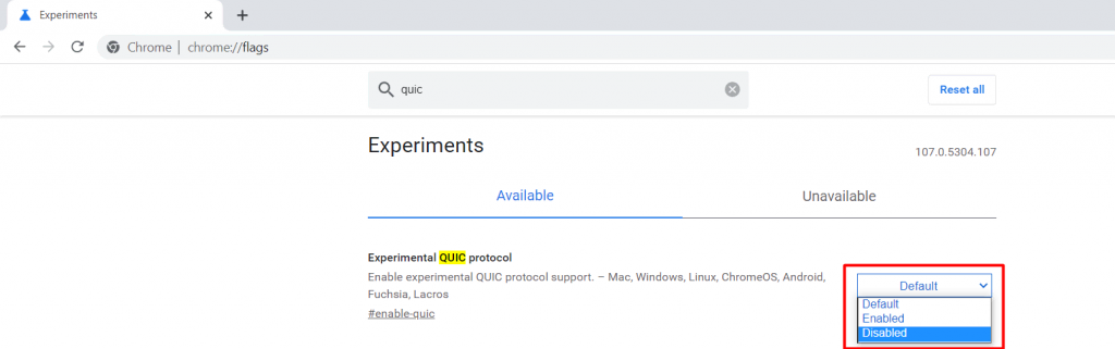 A QUIC Experimental protocol feature has been disabled on the Chrome flags page.