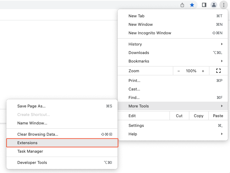 The extensions option in Google Chrome's more tools settings drop-down menu
