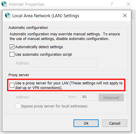 The option to uncheck all the proxy settings in Windows LAN settings
