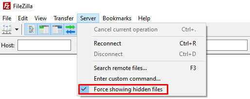 FileZilla interface showing the server drop-down menu and highlighted force showing hidden files option