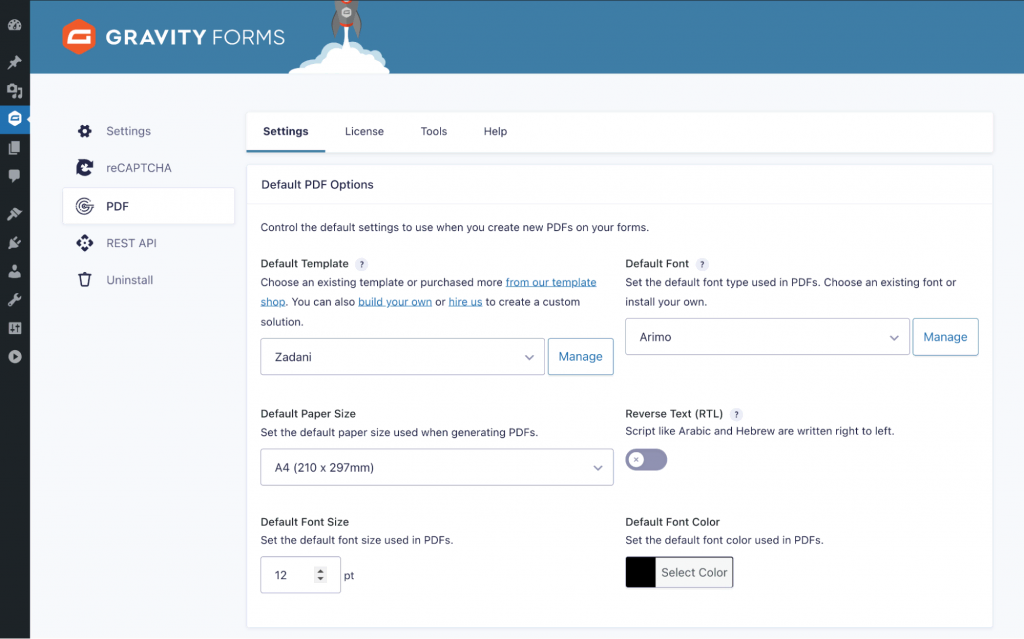 Gravity Forms settings page with the PDF tab selected