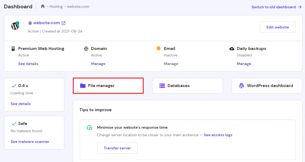 Hosting account dashboard on hPanel with the highlighted file manager button