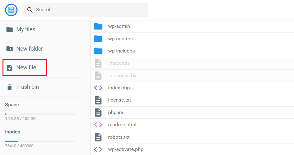 Hostinger file manager interface with the highlighted new file button