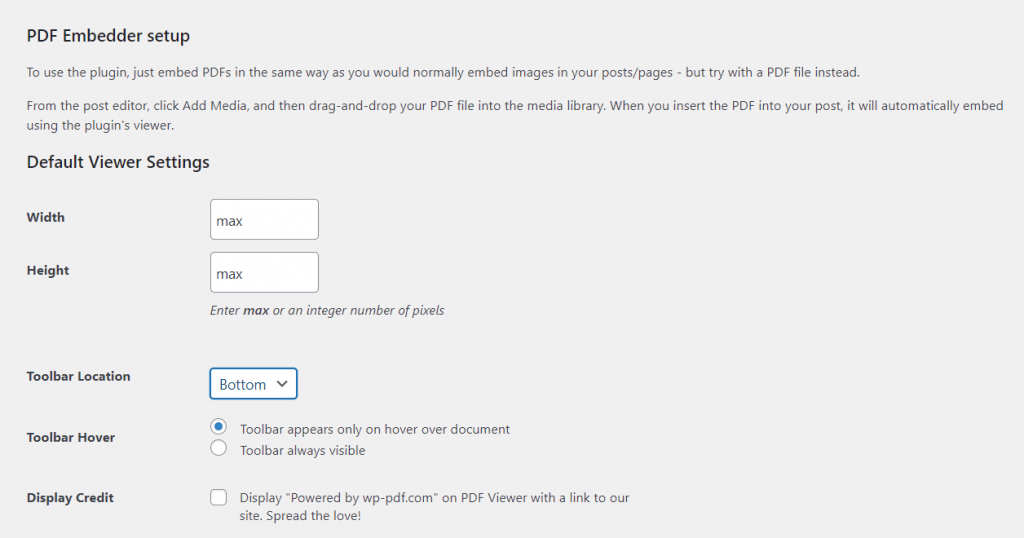 PDF Embedder setup page