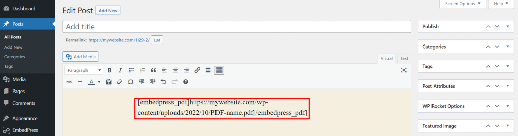 Example of an EmbedPress PDF shortcode inserted in the WordPress classic editor

