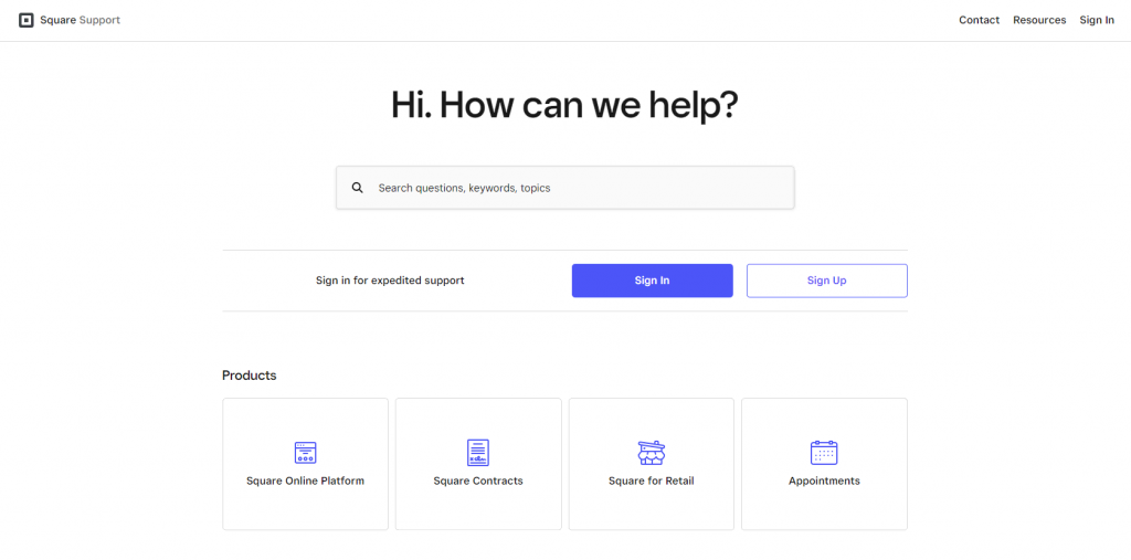Square support page hosts a knowledge base and provides access to its live chat support