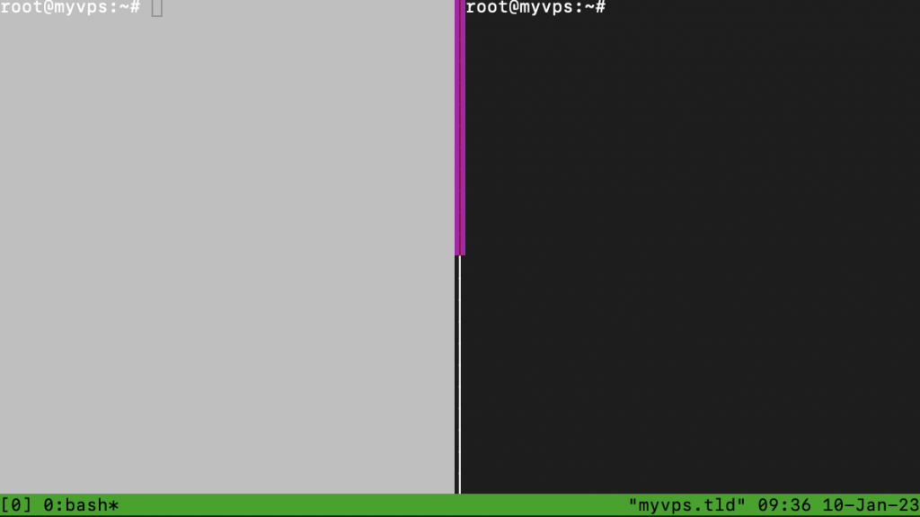 The terminal window displaying tmux panes functionality. With the help of configuration files, pane border color is now set as magenta