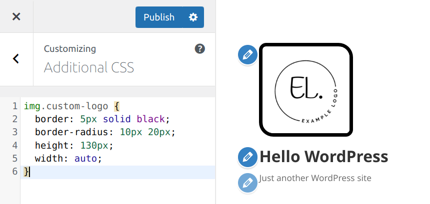 The Additional CSS editing area, showing the custom CSS code and the modified logo