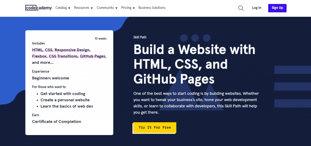 The Build a Website With HTML, CSS, and GitHub Pages skill path page on the Codecademy website