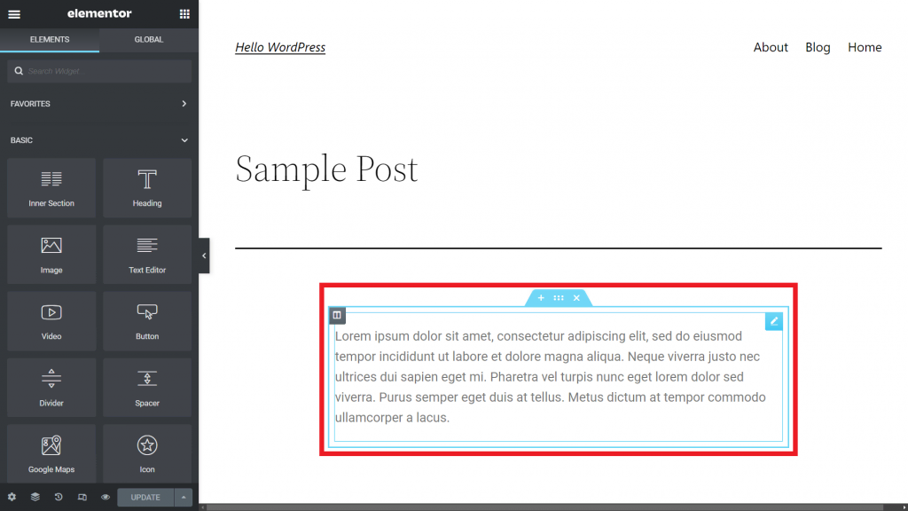 The Elementor editor highlighting the Text Editor element
