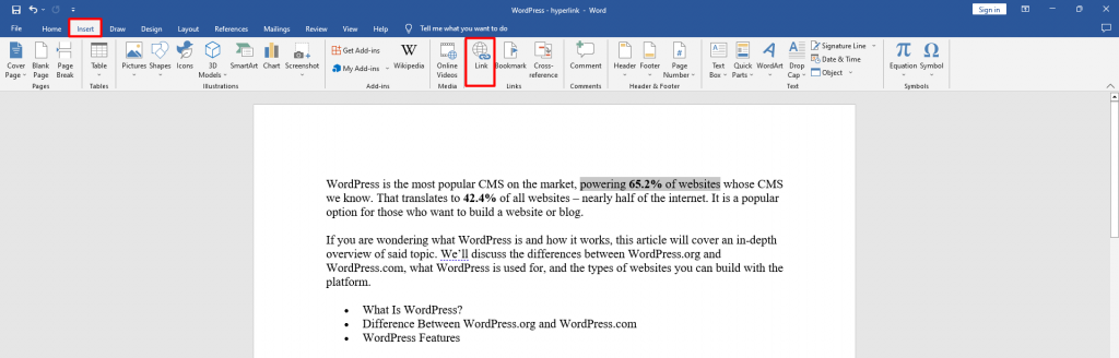 The Link icon highlighted under the Insert tab in Microsoft Word