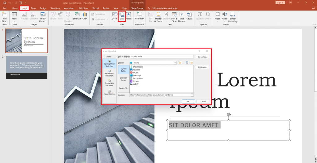 The Insert Hyperlink box in Microsoft PowerPoint highlighted
