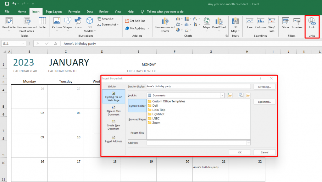 The Insert Hyperlink box in Microsoft Excel highlighted