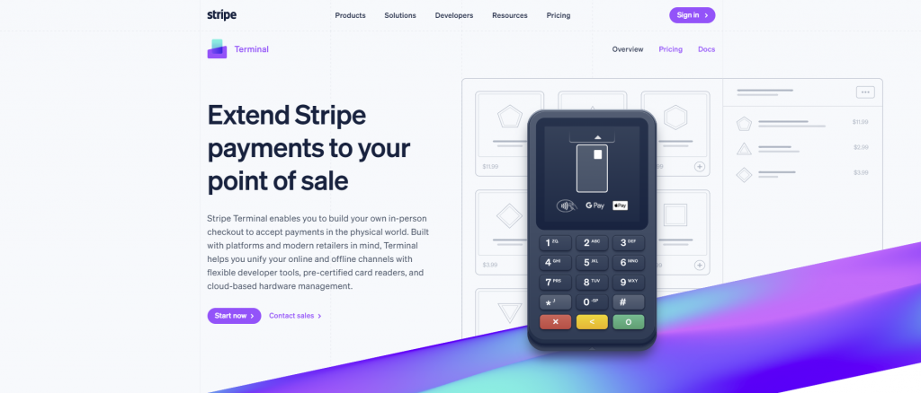 The Stripe Terminal page, detailing its features and pricing