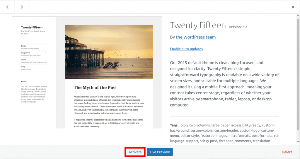 The Twenty Fifteen theme, with the Activate button highlighted